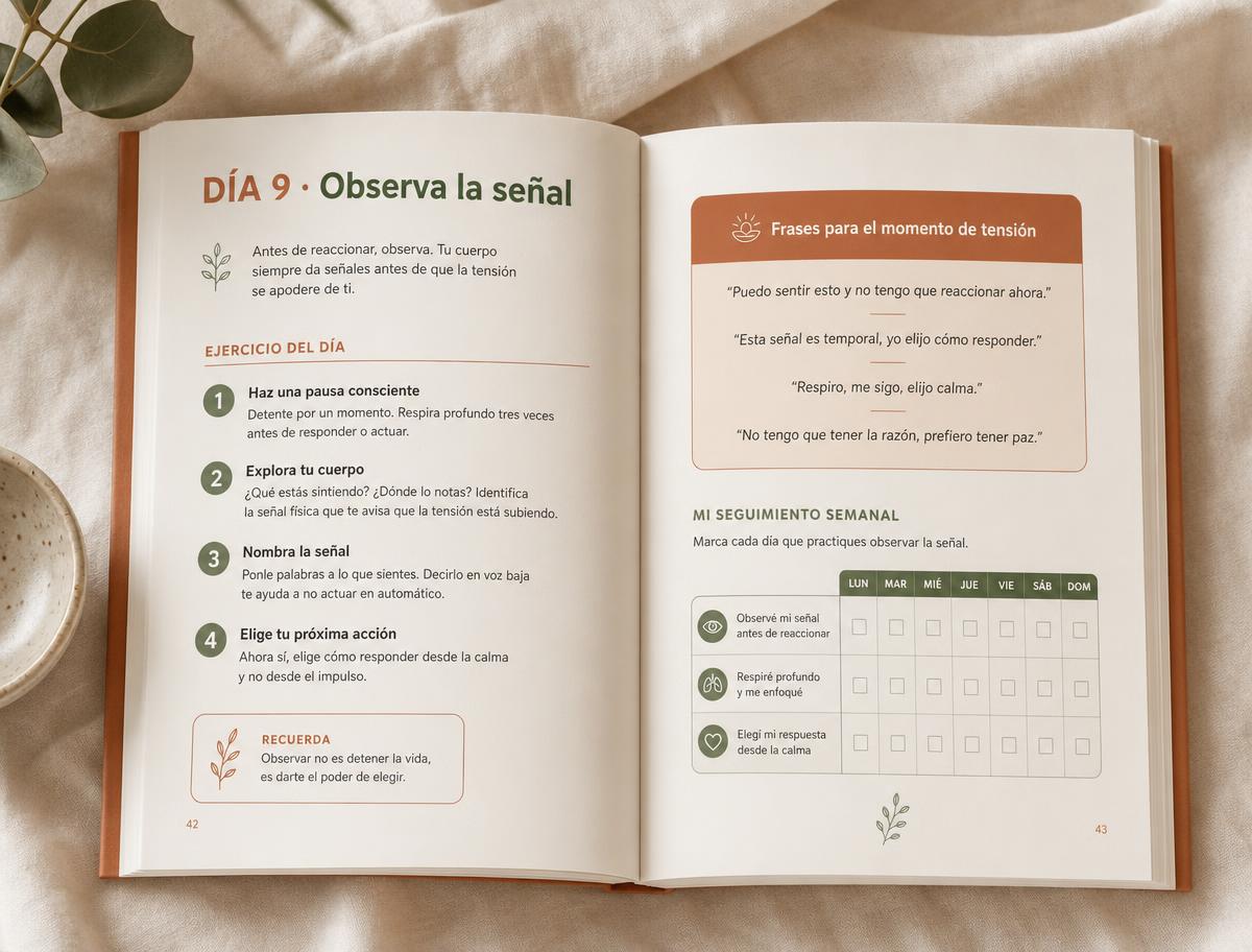 Página interior de la guía con el ejercicio del día, una frase sugerida y la tabla de seguimiento